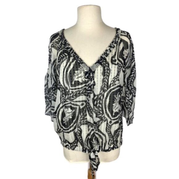 Diane Von Furstenberg Silk Chiara Peasant Blouse Black White Size 6 - Picture 2 of 5